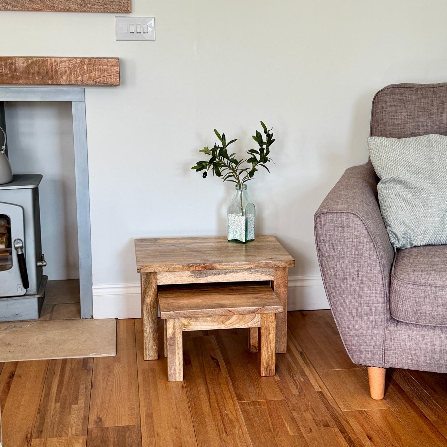 Pair of rectangular Mango wood low coffee tables or footstools