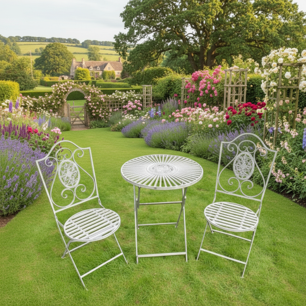 T42 Antique grey bistro set. Chairs and table displayed