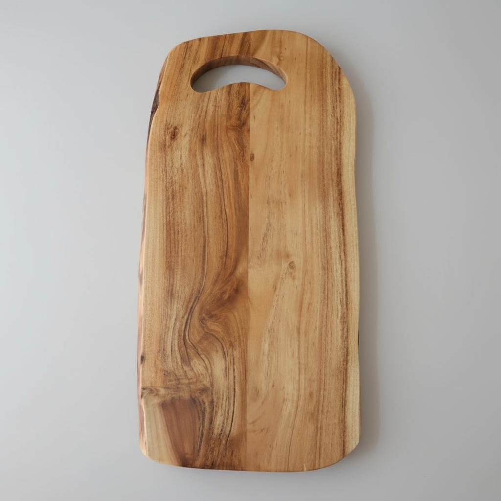 Wooden cutting board with a handle on a white background