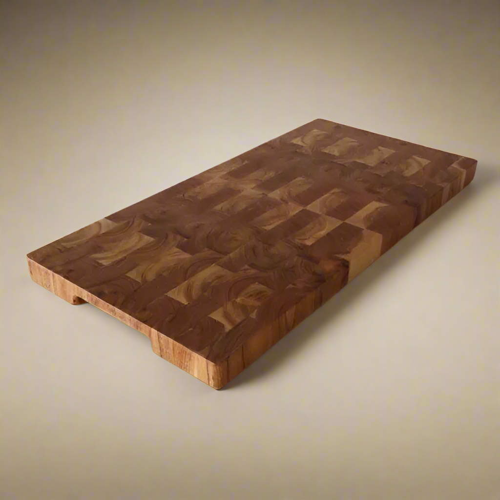 Wooden cutting board on a light gray background