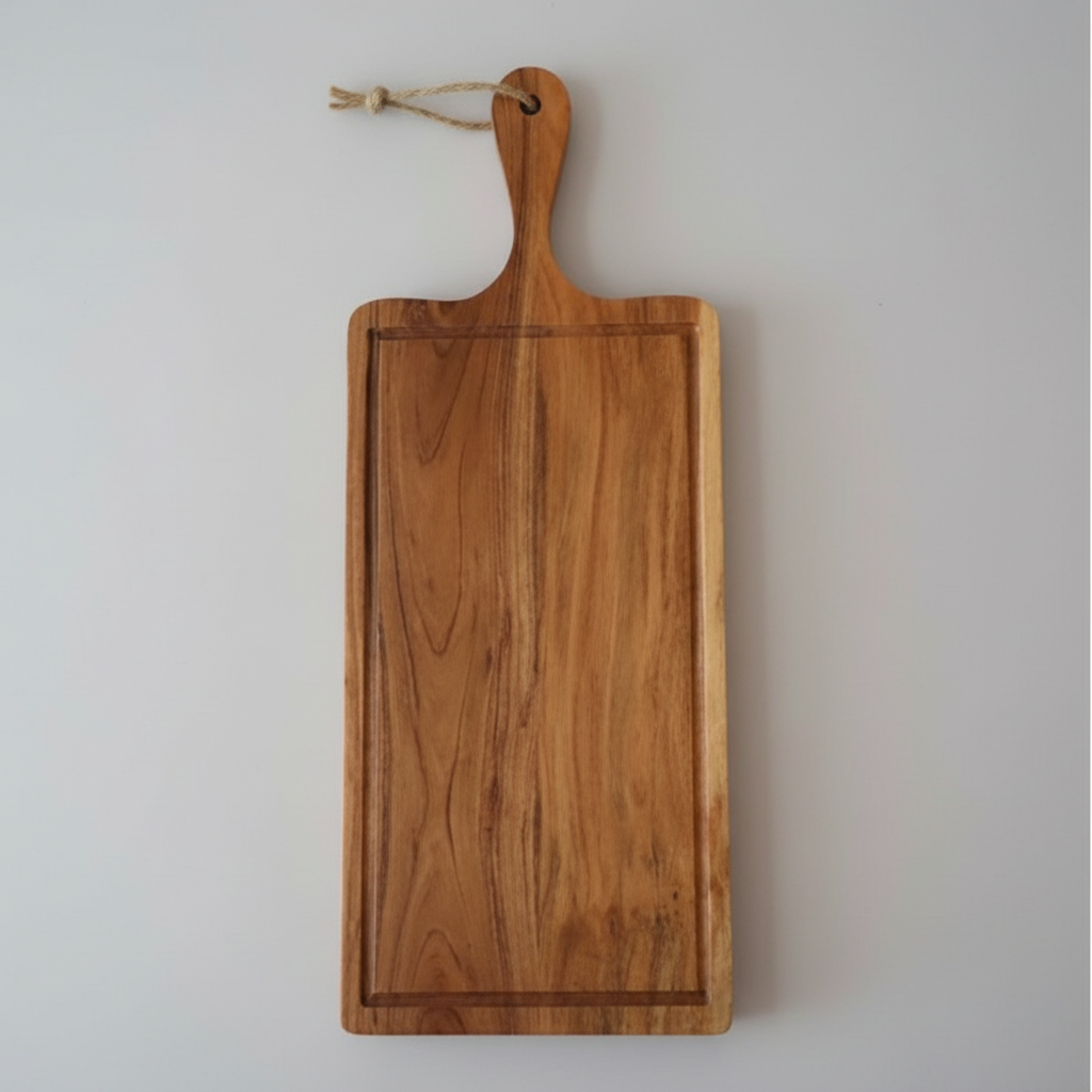 Wooden cutting board with handle on a textured white background