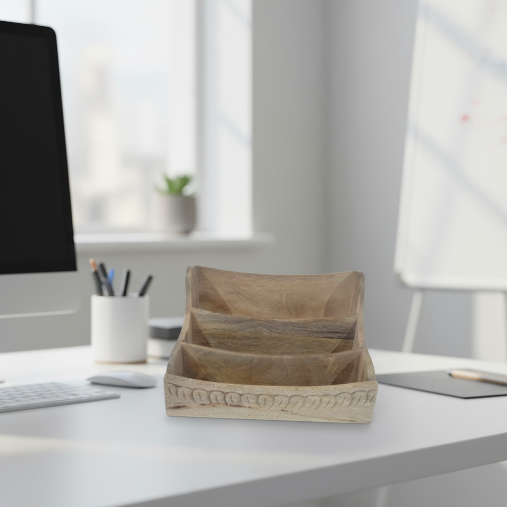 Wooden basket with three compartments on a white background