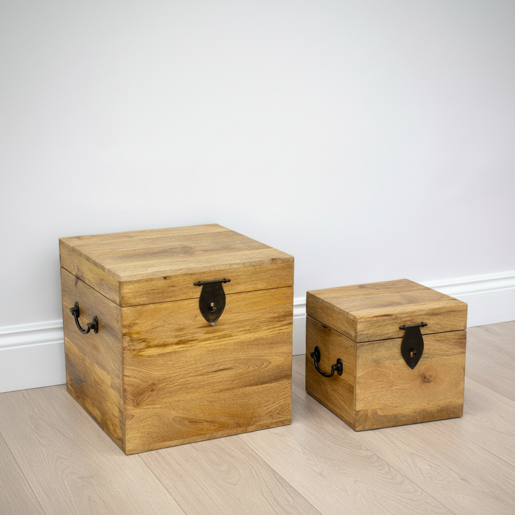 Two wooden storage trunks on a light wooden floor against a white wall.