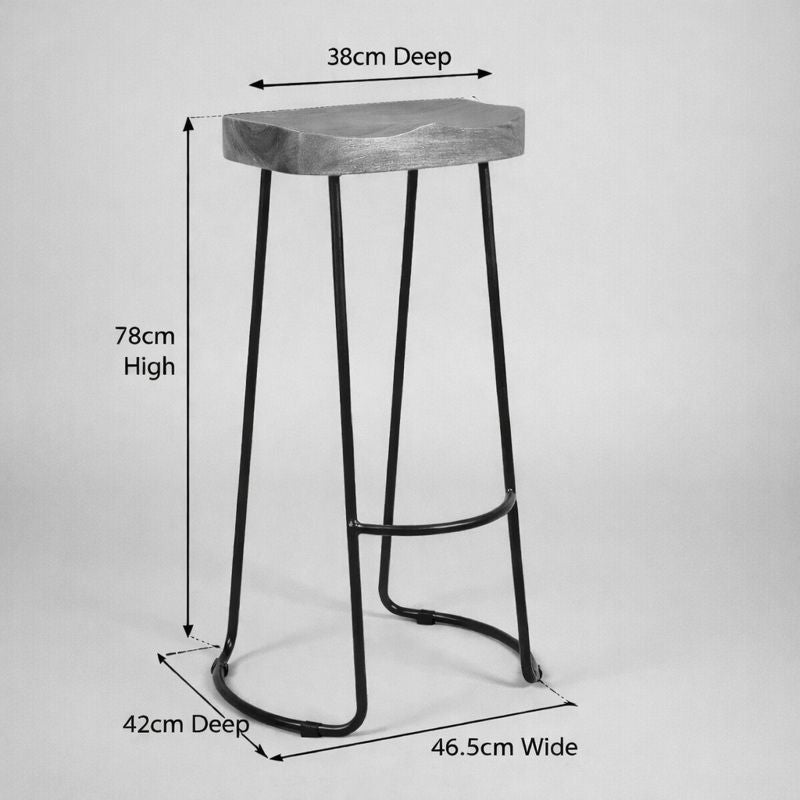 Pair of Mango wood and steel barstools with chunky carved seat