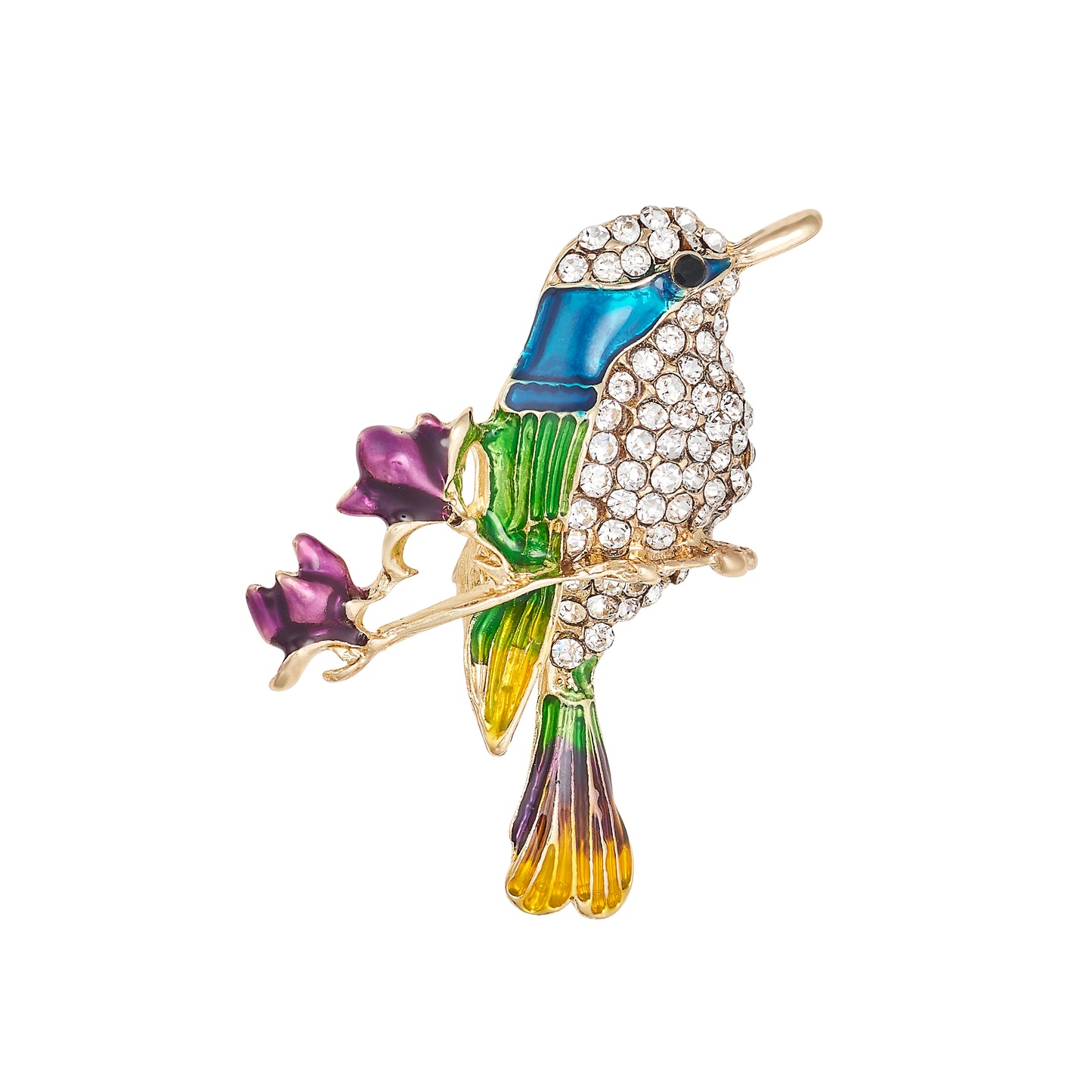 Gold crystal enamel humming bird brooch