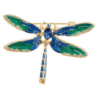 Gold, blue & green epoxy resin dragonfly brooch IBRO1201