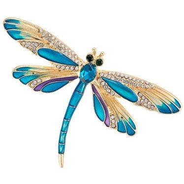 Gold, blue crystal dragonfly brooch