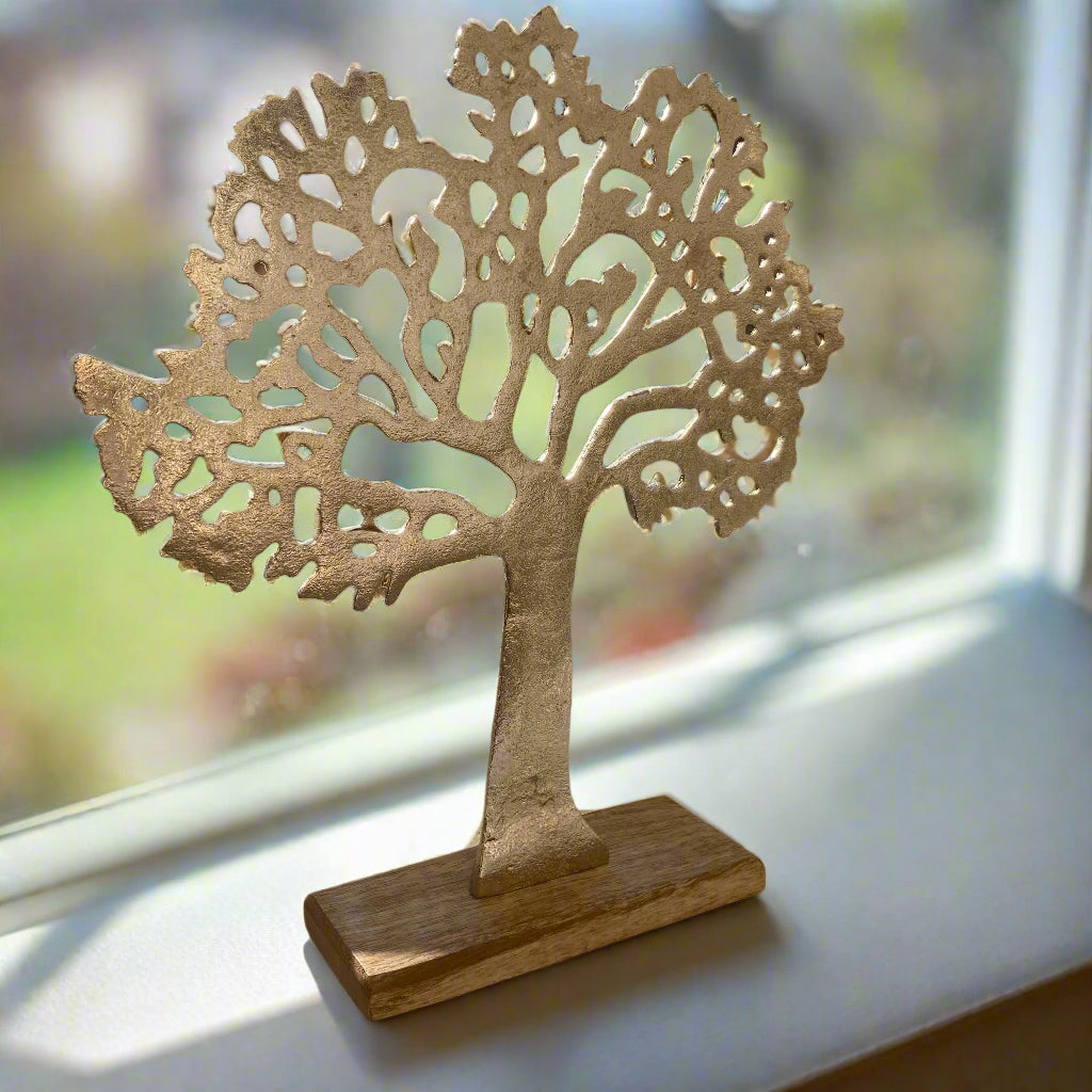 Tree of Life ornament on Mango wood plinth - on an angle.