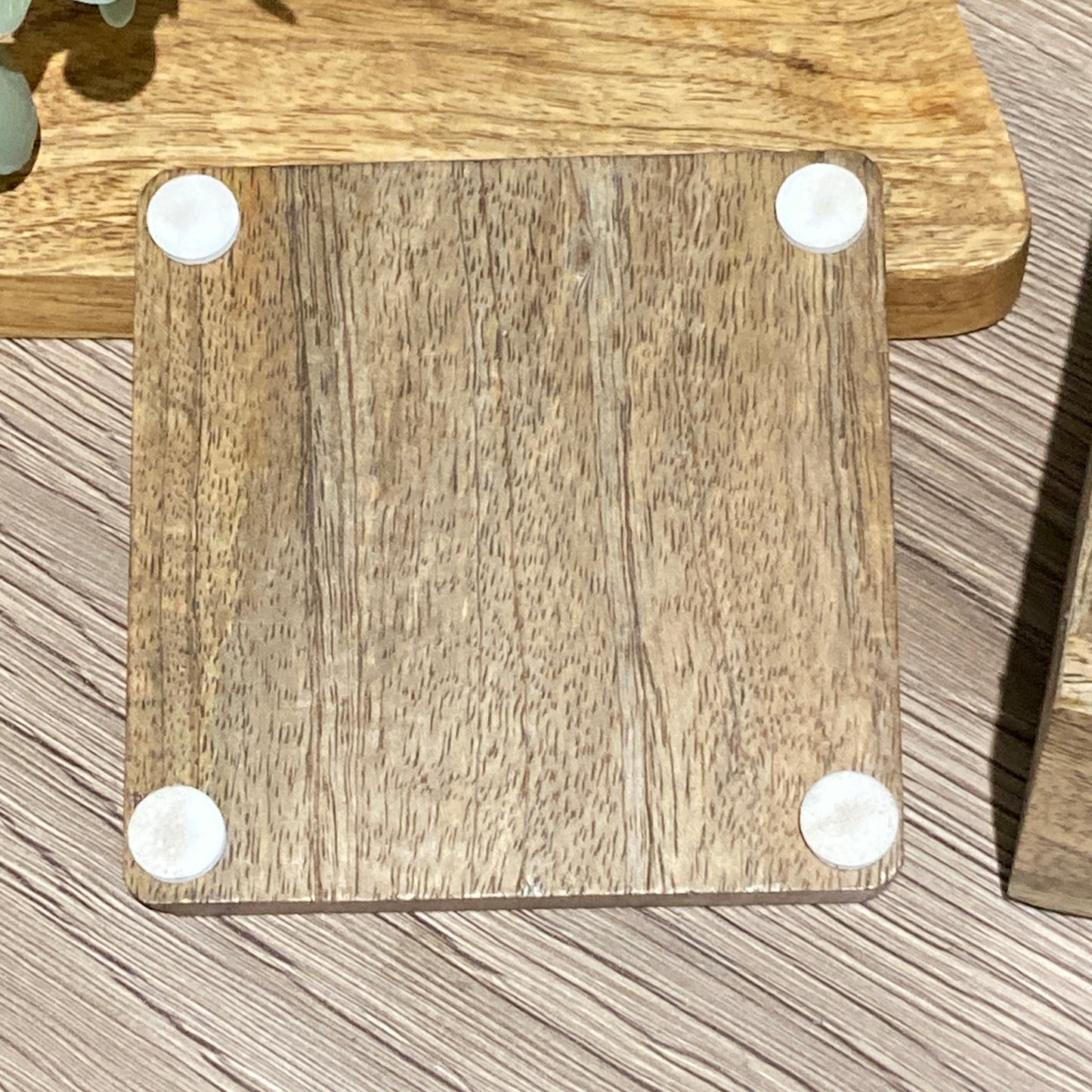 Set of 4 Mango wood square coasters with holder. 10cm square - Etched with Highland cow. Bottom of coaster.