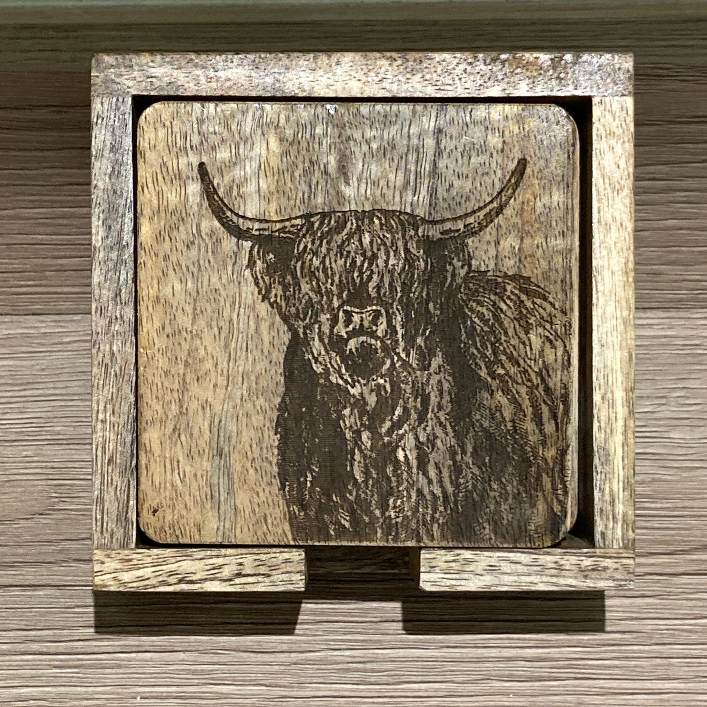Set of 4 Mango wood square coasters with holder. 10cm square - Etched with Highland cow. Coasters in holder.
