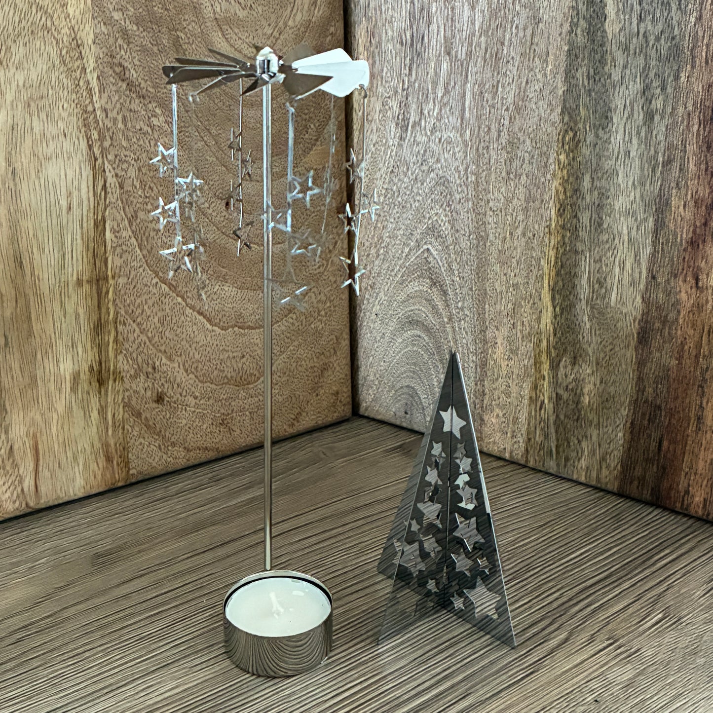 Silver Christmas spinning carousel Tea light holders. 2 designs