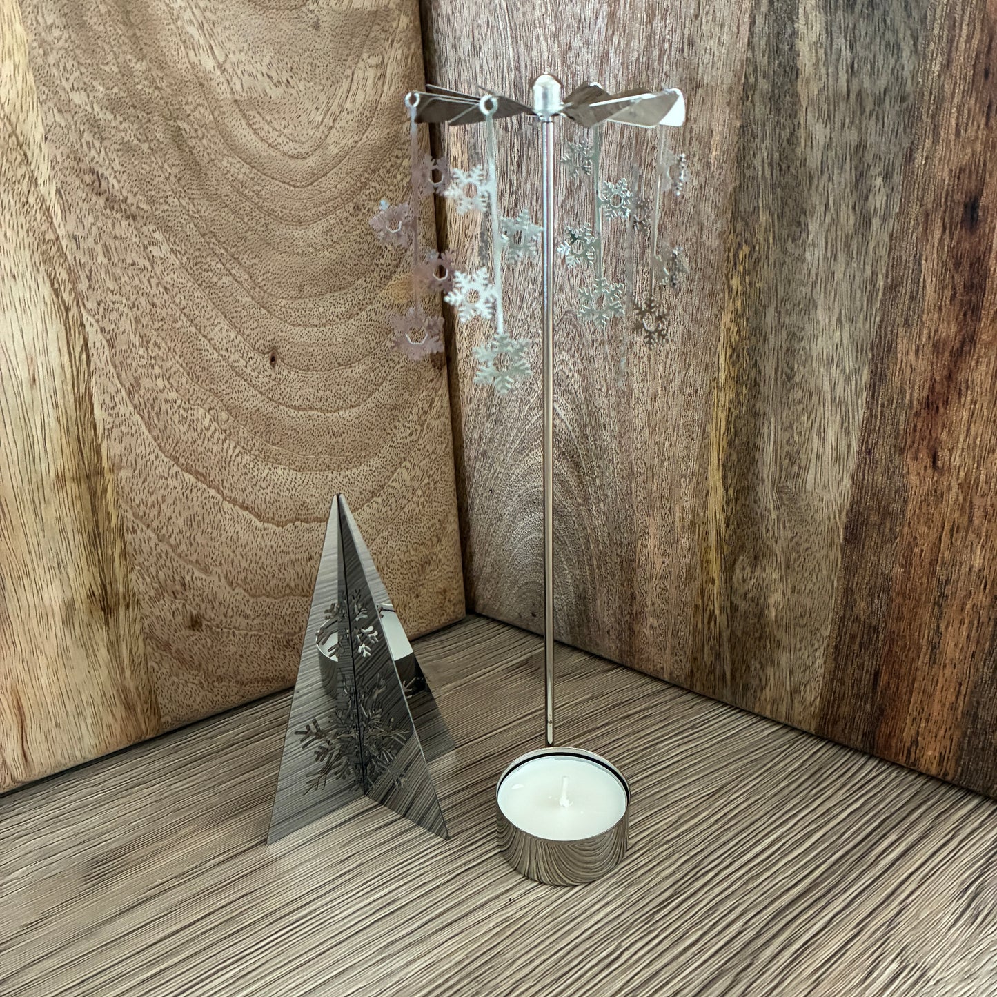 Silver Christmas spinning carousel Tea light holders. 2 designs