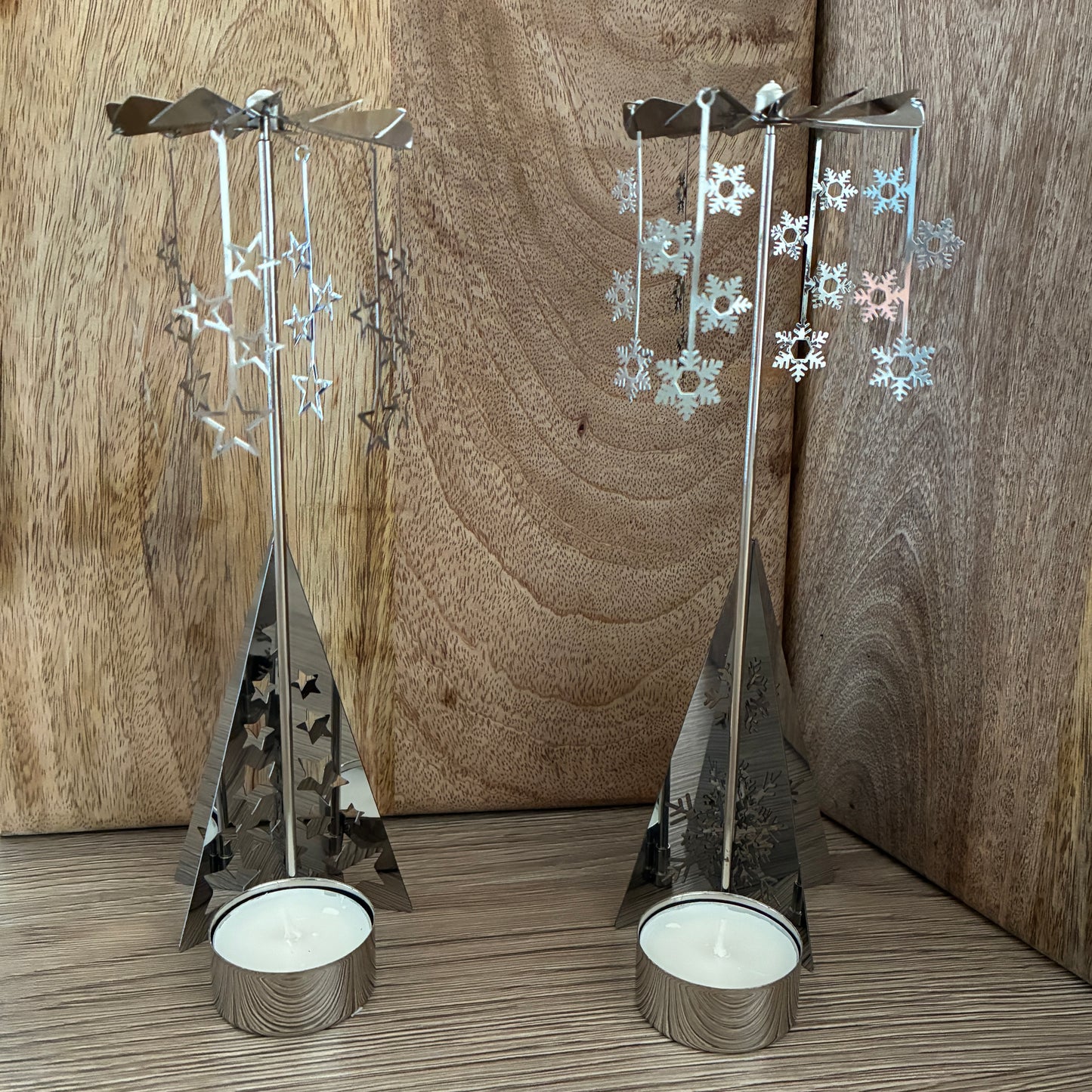 Silver Christmas spinning carousel Tea light holders. 2 designs