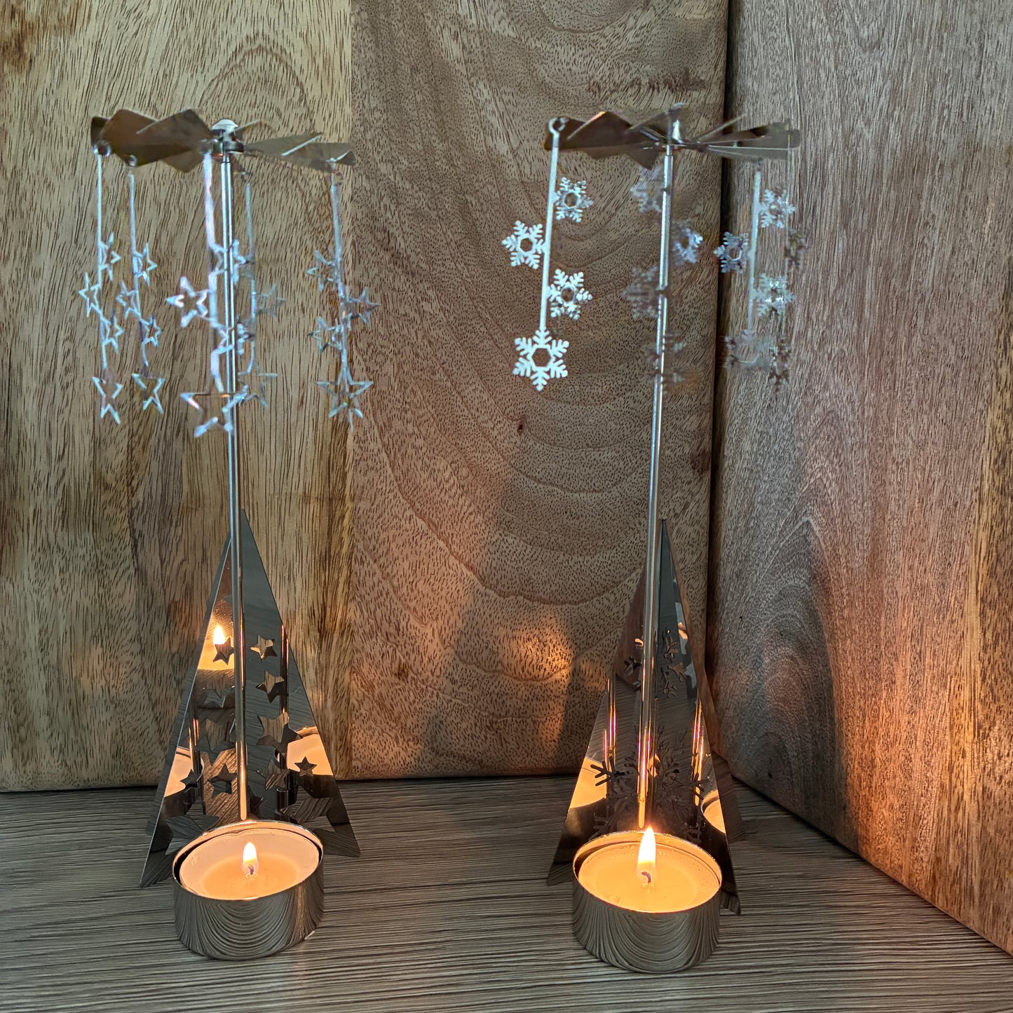 Silver Christmas spinning carousel Tea light holders. 2 designs