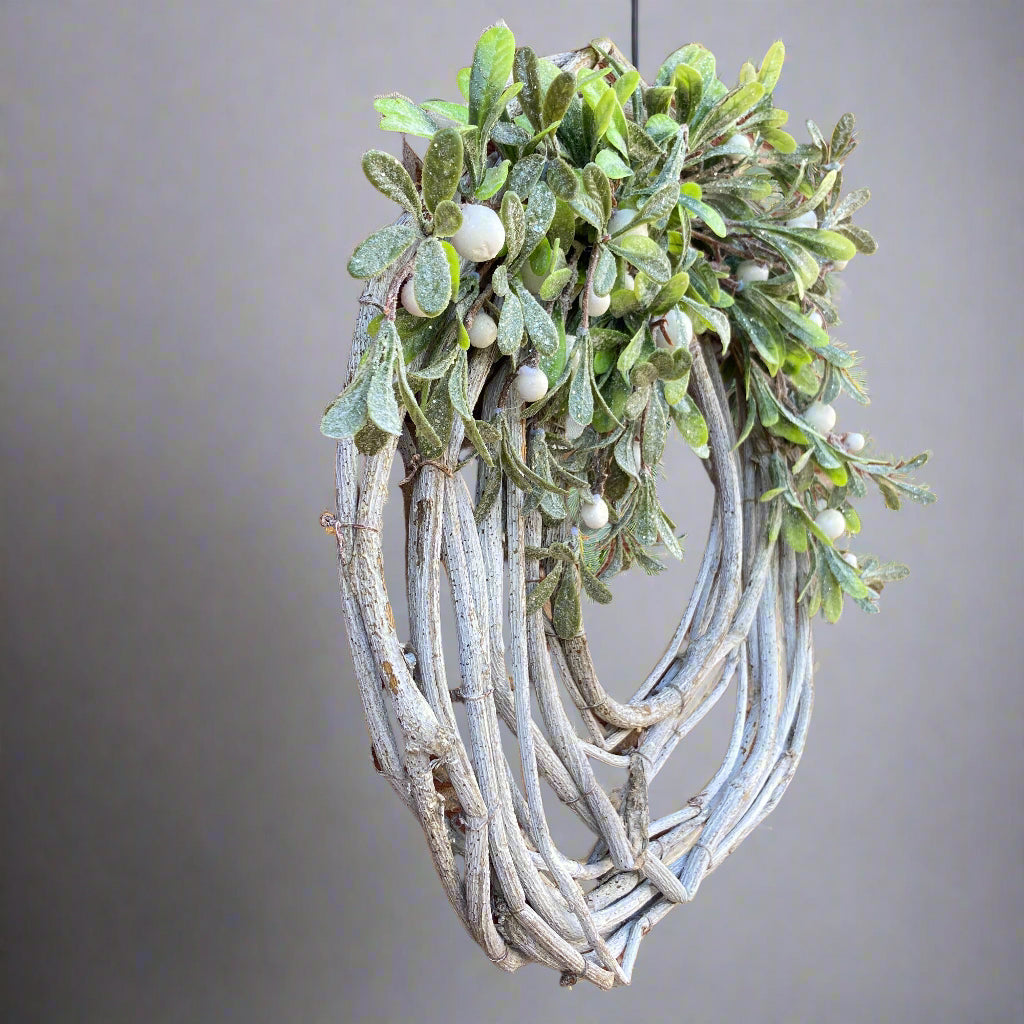 Faux Mistletoe wreath - side on view.