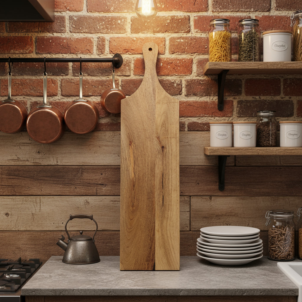 Wooden paddle on a wooden stool against a white paneled wall