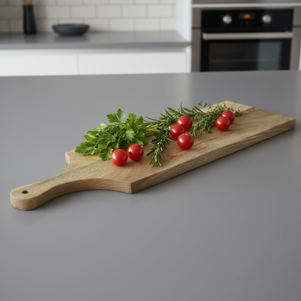 Wooden serving board on a wooden floor