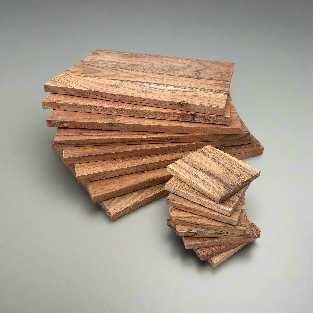 Stack of wooden planks on a gray wooden floor