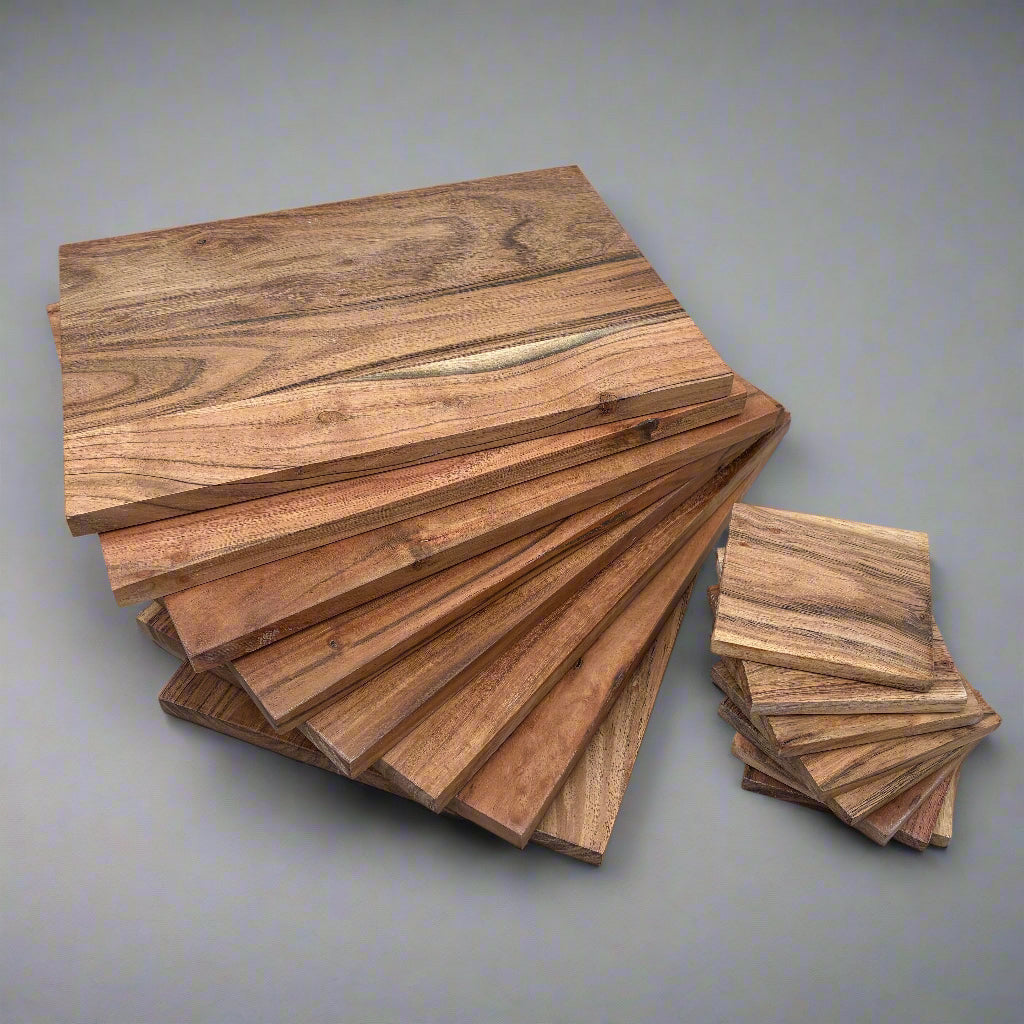 Stack of wooden samples on a gray background