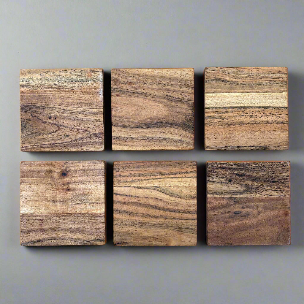 set of six acacia wood coasters