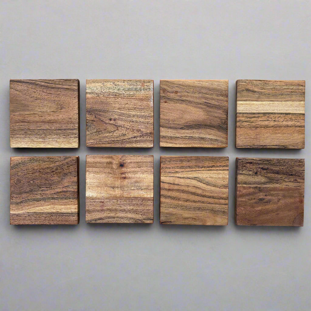 set of eight acacia wood coasters