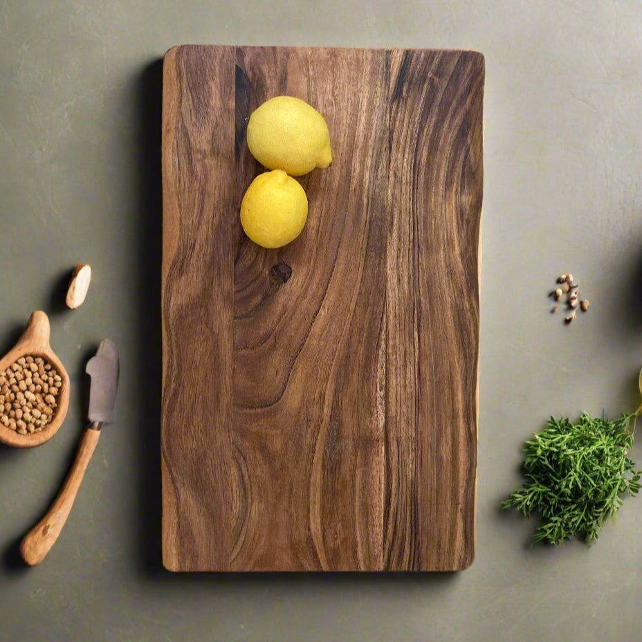 Solid Handmade Acacia Thick Chopping Board with Hand Grooves with lemons