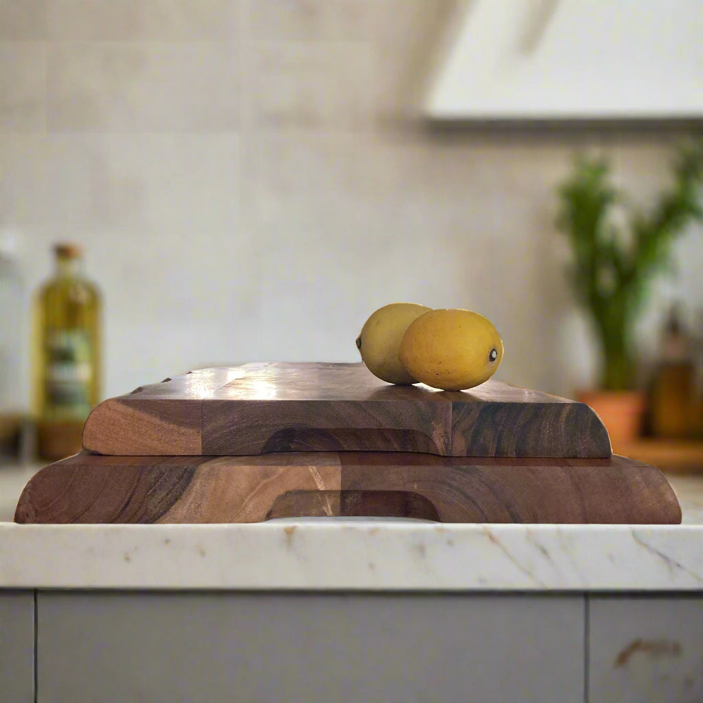 Solid Handmade Acacia Thick Chopping Board with Hand Grooves small & medium with Lemons