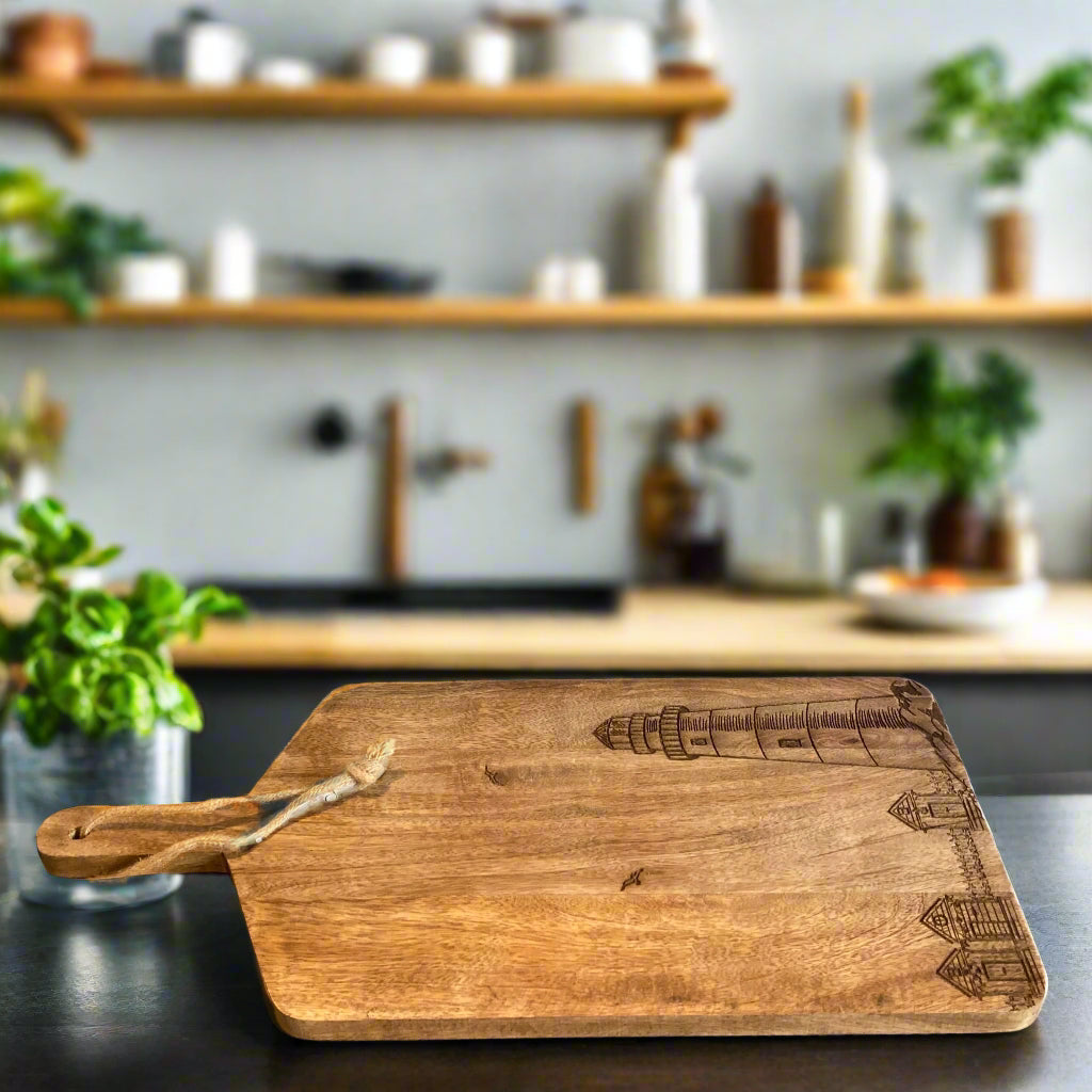 Solid Mango Hand Made Lighthouse Etched Chopping Board laid down