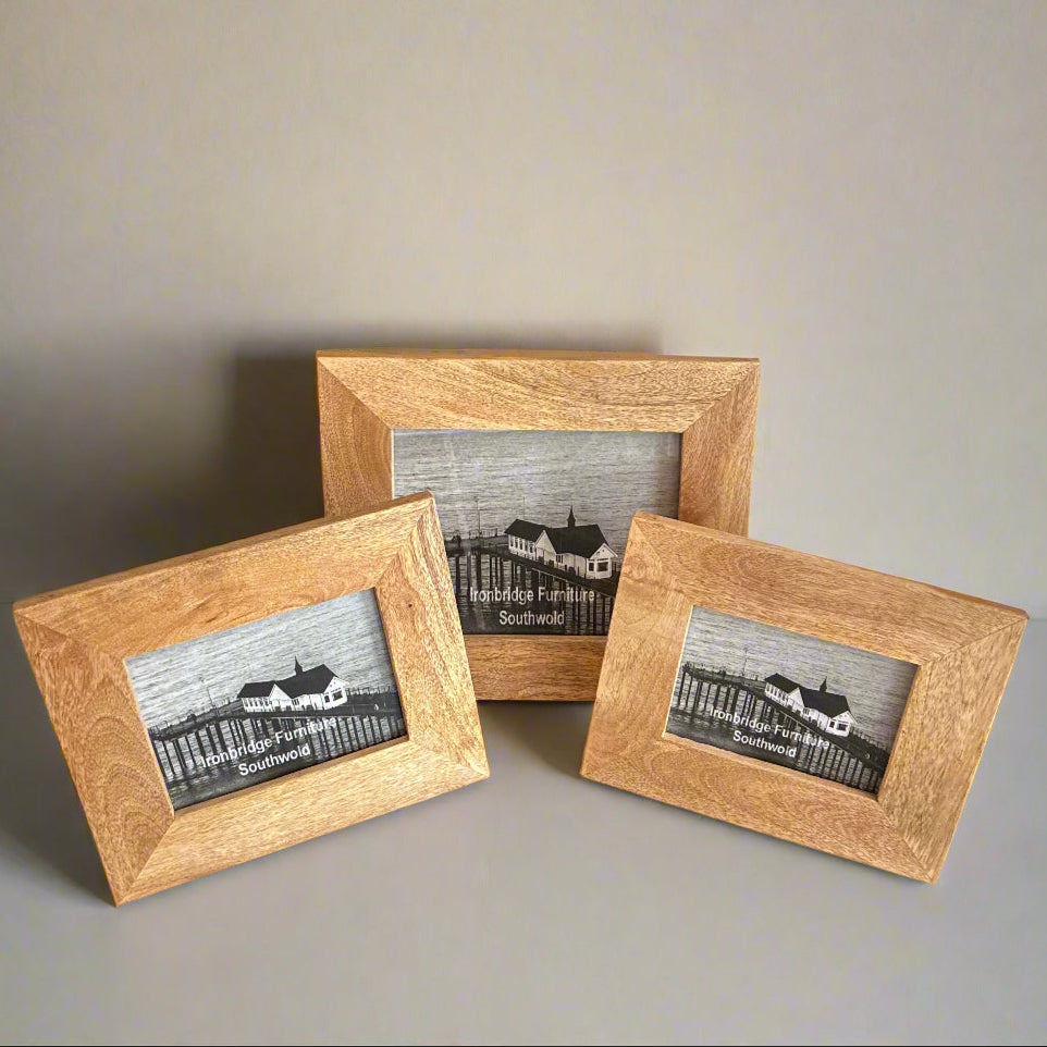 Solid Mango wood picture frames. 8x10", 6x8", 5x7" available. Stand alone or wall hanging.