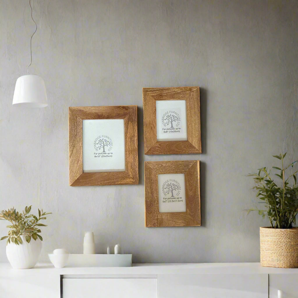 Solid Mango wood picture frames. 8x10", 6x8", 5x7" available. Stand alone or wall hanging.