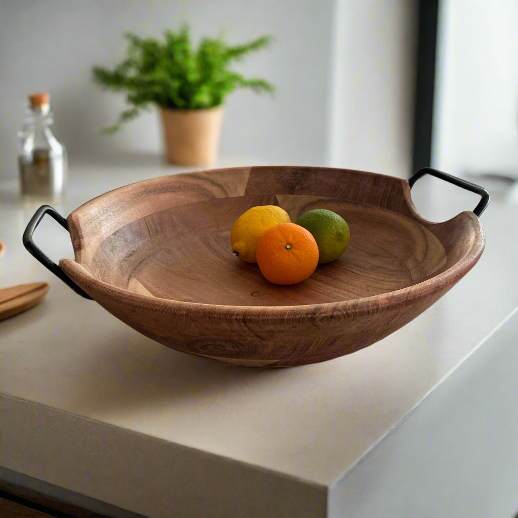 Acacia wood bowl with iron handles. Ideal for fruit or salad. 2 sizes