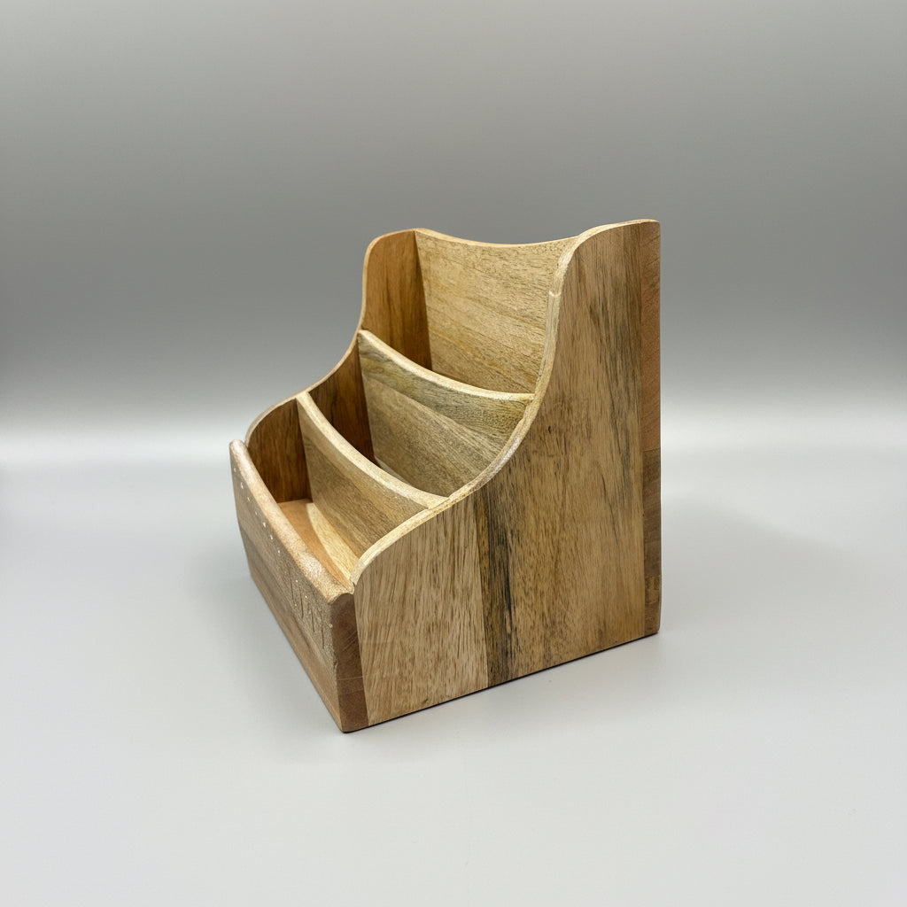 ASH7910 Solid Mango wood etched desk tidy / letter rack 30cm wide