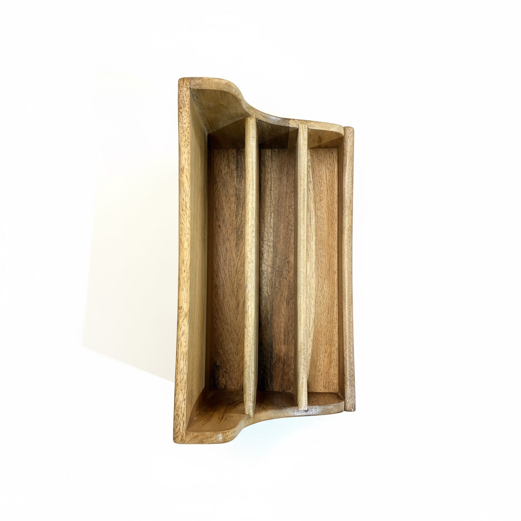 Wooden box with compartments on a concrete floor