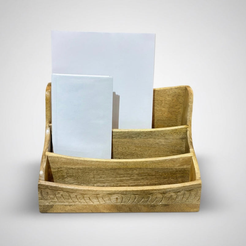 ASH7910 Solid Mango wood etched desk tidy / letter rack 30cm wide