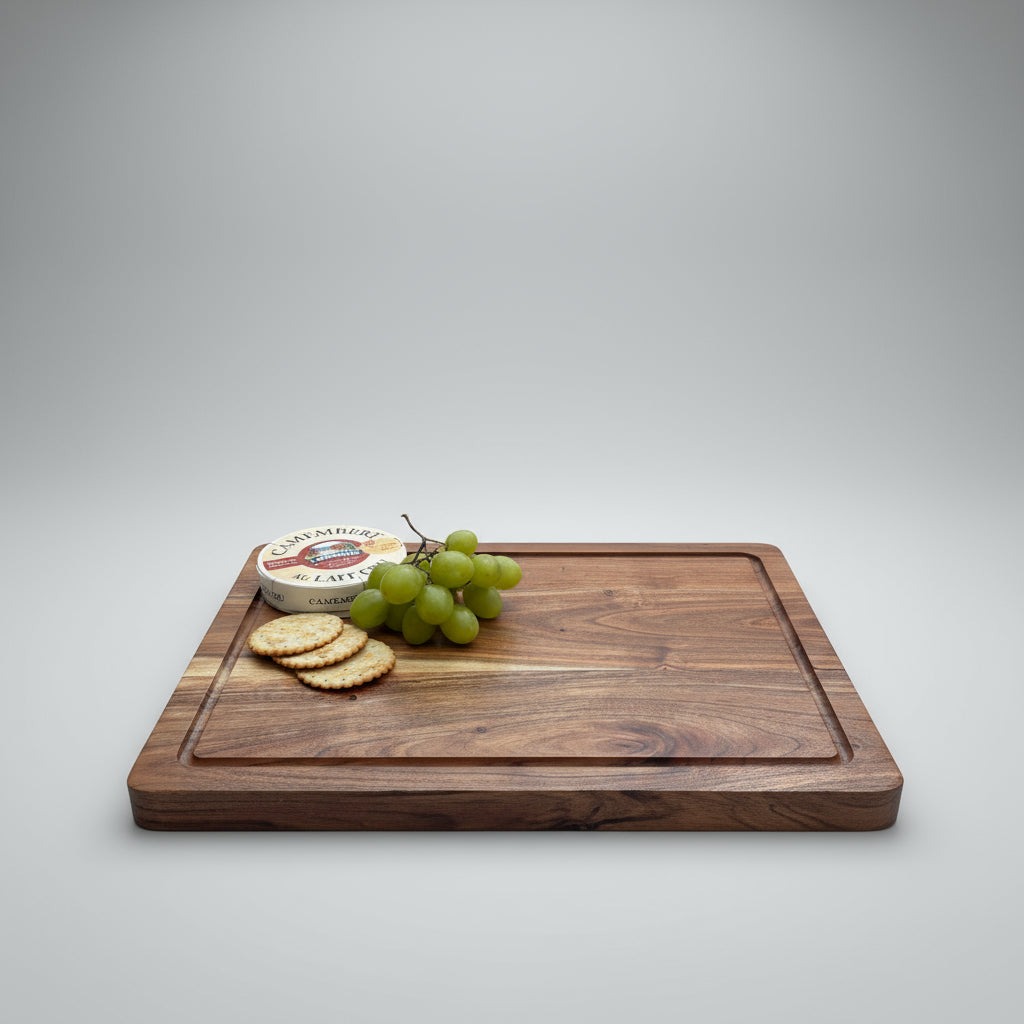 Wooden cutting board with Camembert cheese, grapes, and crackers on a gray wooden floor.