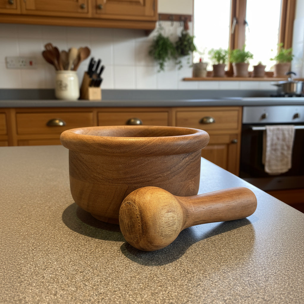 Wooden mortar and pestle on a kitchen counter with kitchen appliances in the background.