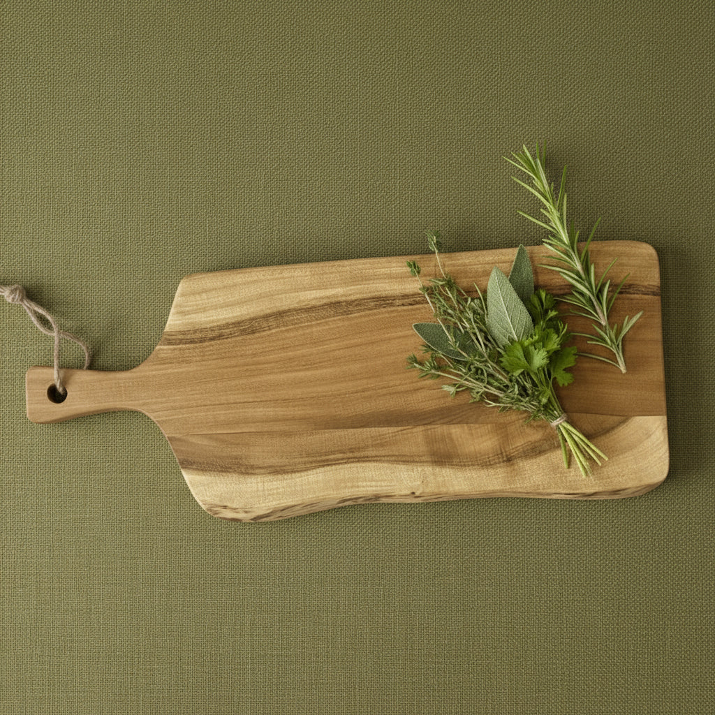 Wooden cutting board with a handle on a marble surface