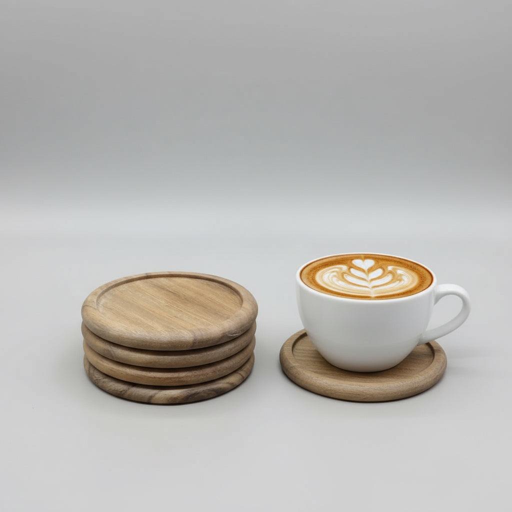 Stack of wooden coasters on a cardboard surface
