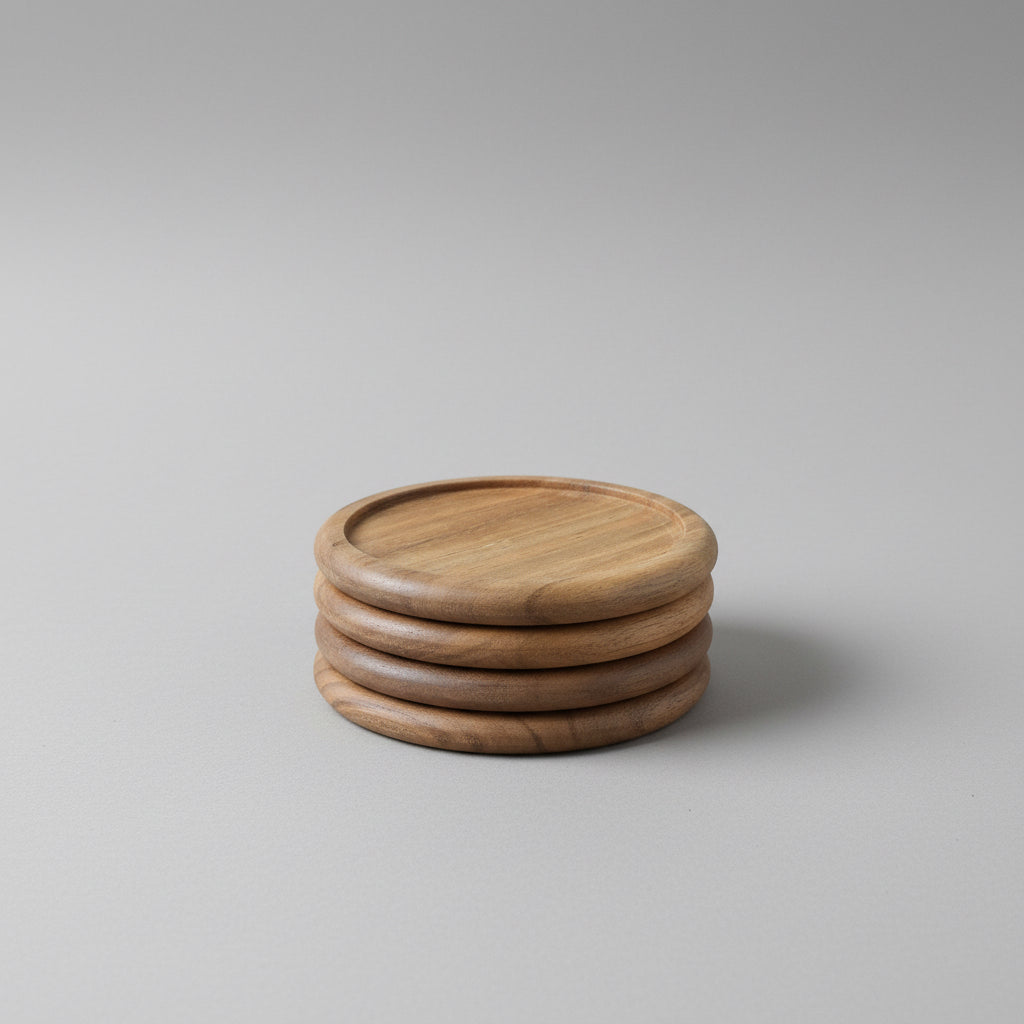 ASH378 Set of lip edged round Acacia wood coasters
