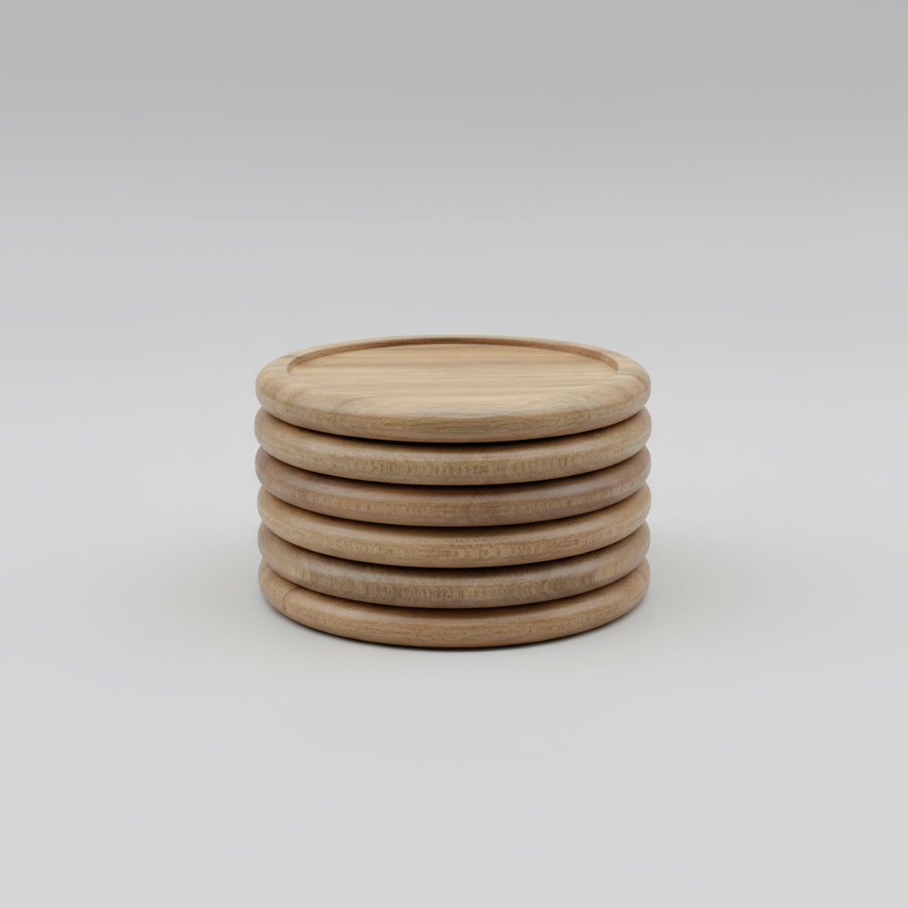 ASH378 Set of lip edged round Acacia wood coasters