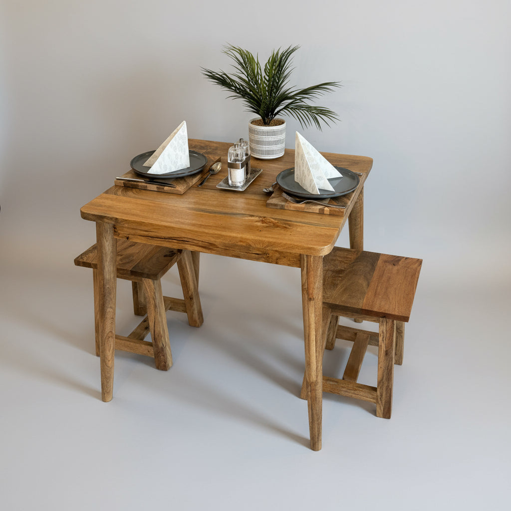 80cm Square Mango dining table with cone shaped legs dressed with 2 settings
