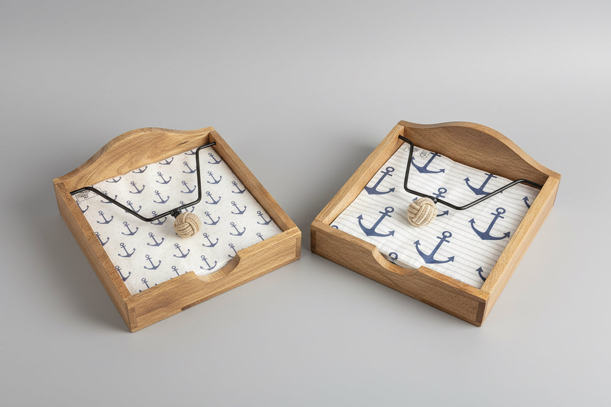 Two wooden trays with anchor patterns holding necklaces on a gray surface.