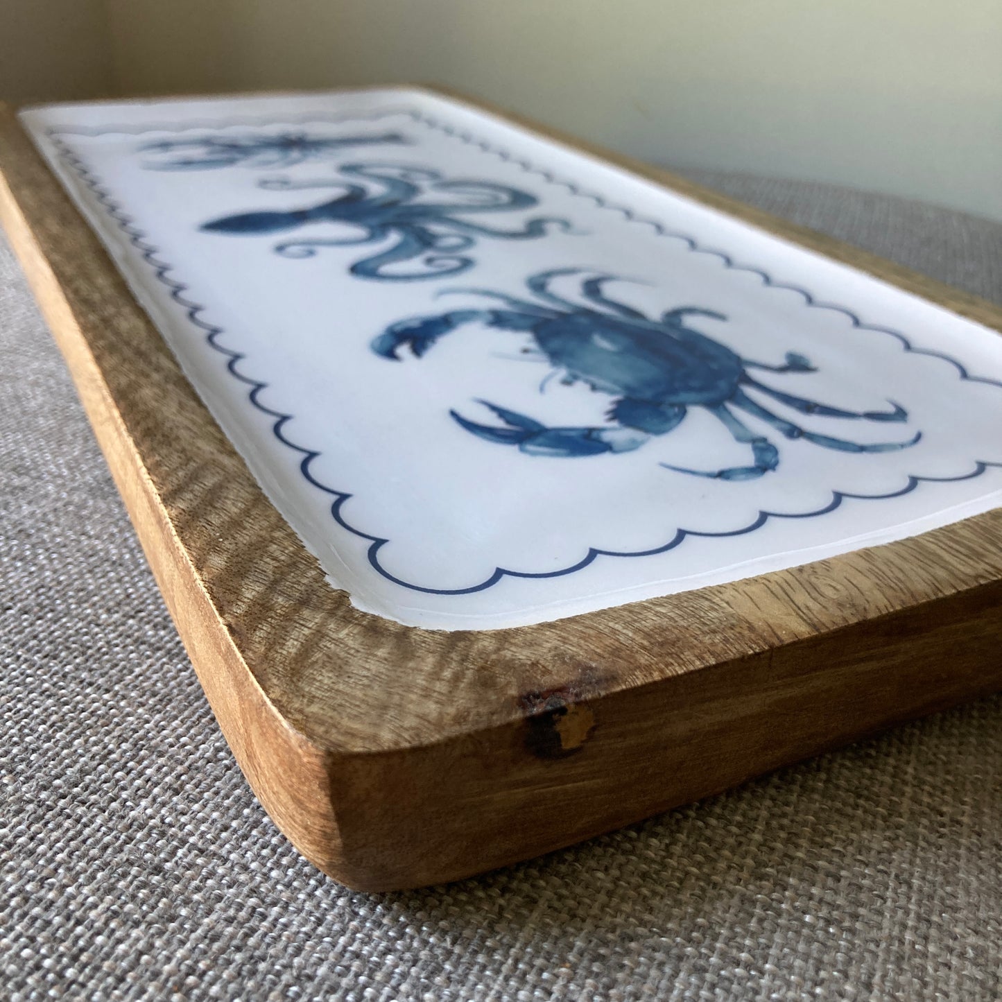 Seafood design enamelled Mango wood food serving platter 40cm