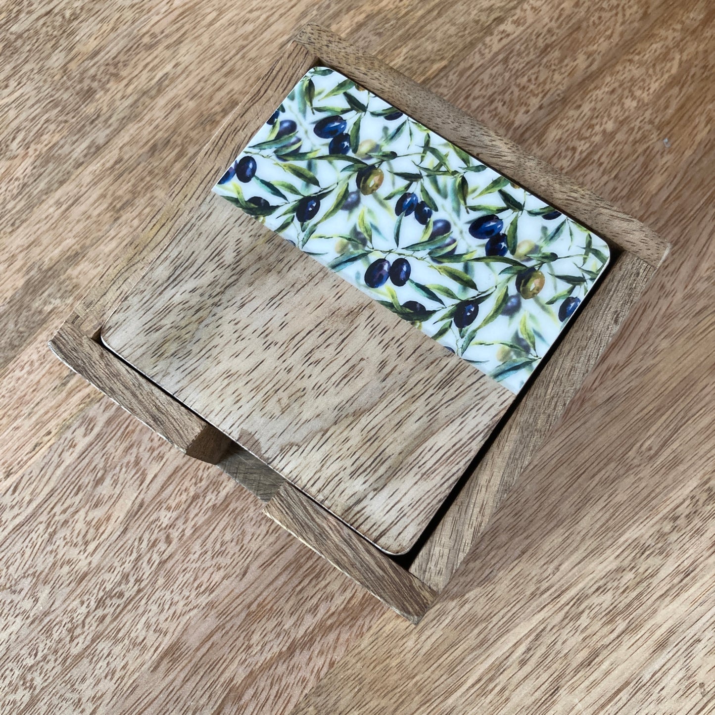 Solid 10cm square Olive Grove design Mango wood coasters in a holder - set of 4