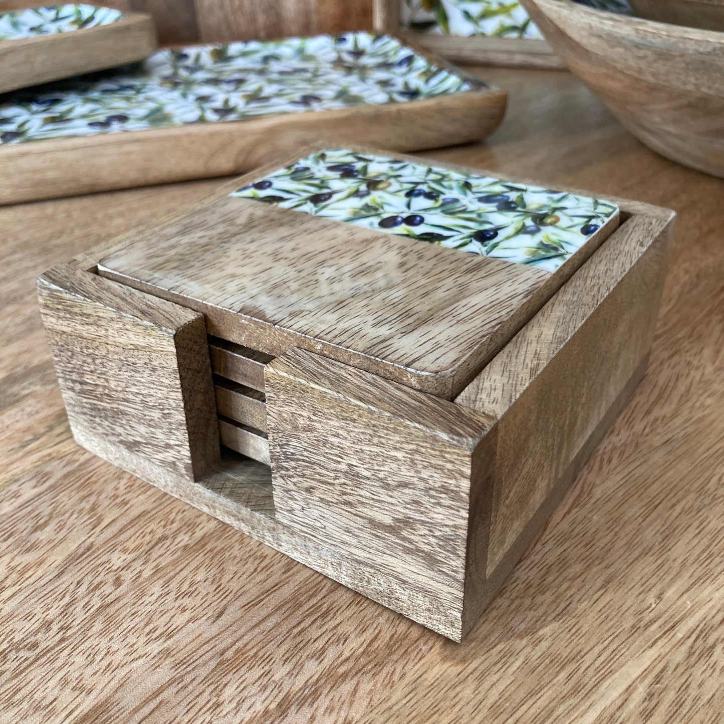 Solid 10cm square Olive Grove design Mango wood coasters in a holder - set of 4