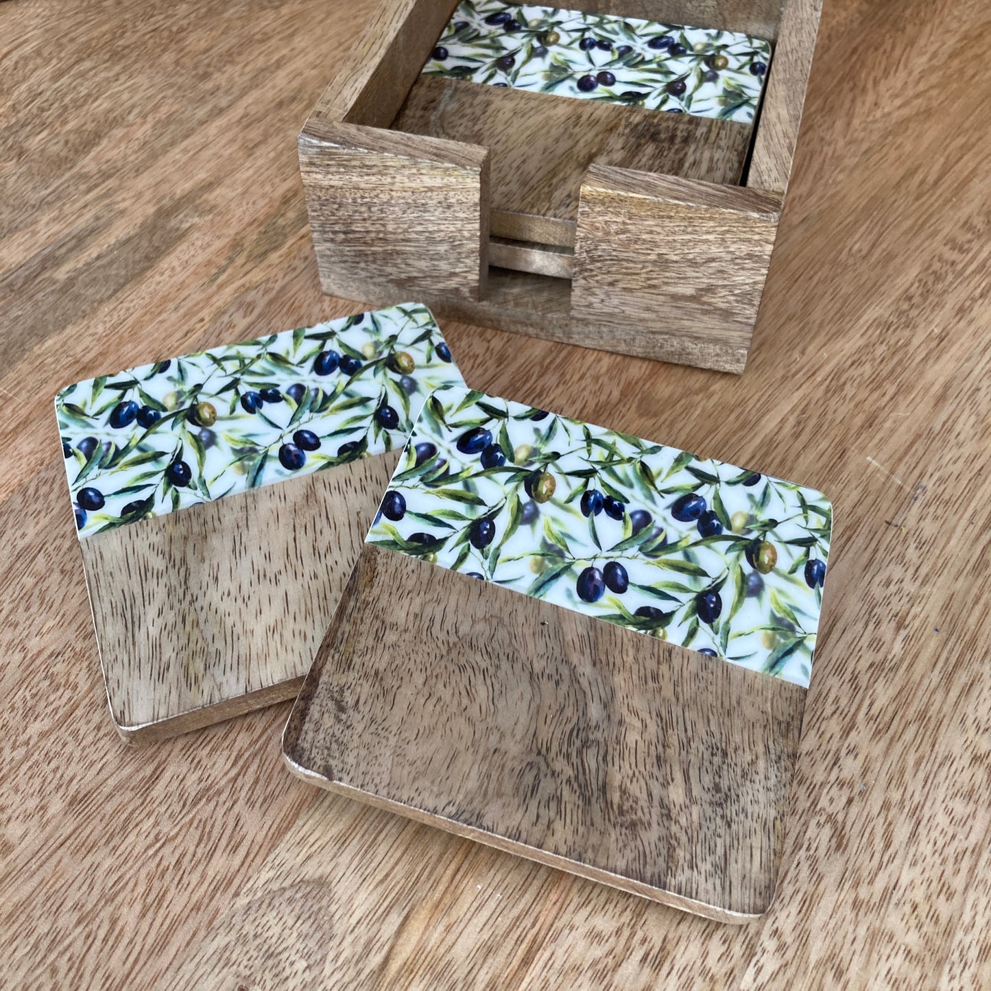 Solid 10cm square Olive Grove design Mango wood coasters in a holder - set of 4