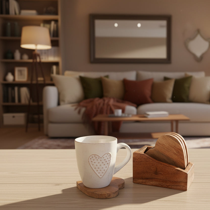 White mug with heart design on a wooden coaster next to a wooden coasters holder on a kitchen counter.