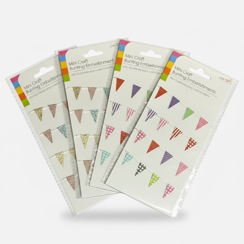 Four packages of Mini Craft Bunting Embellishments on a dark background