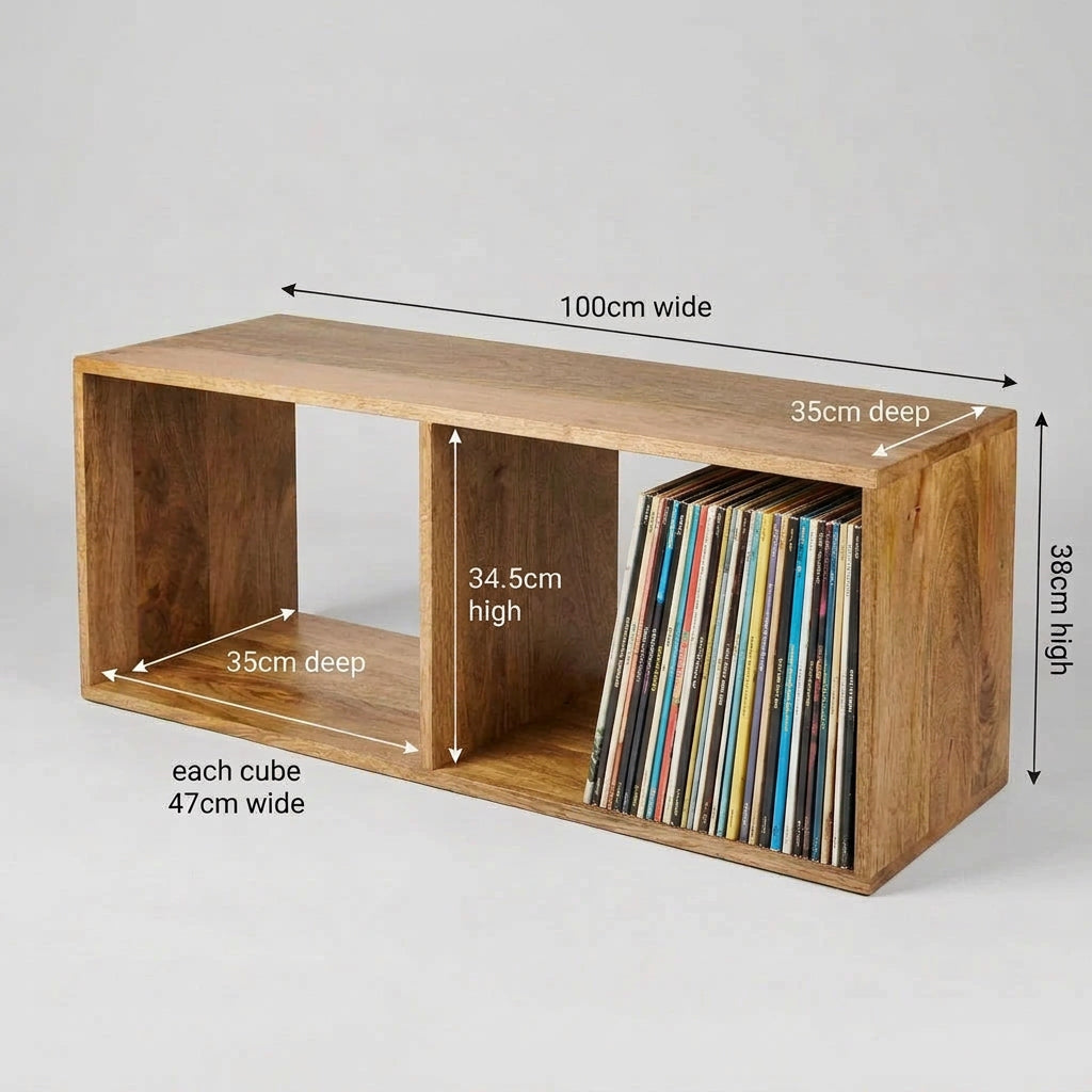 A rustic wooden open storage shelf with a two-tier design and a central back panel, shown in a workshop setting.