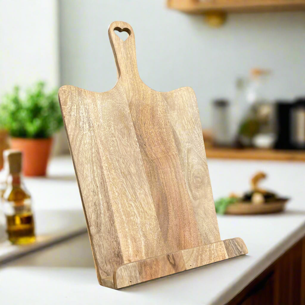 Tall Mango wood recipe stand with cut out heart handle - empty.